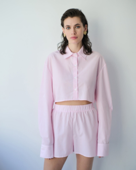 Πουκάμισο cropped  ριγέ ροζ | Combos Knitwear